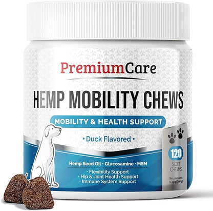 Premium Care Glucosamine Chews for Dogs with Hemp - Hip and Joint Health Supplement for Mobility Support - Dog Glucosamine Chews with Hemp for Dogs- 120 Hemp Treats