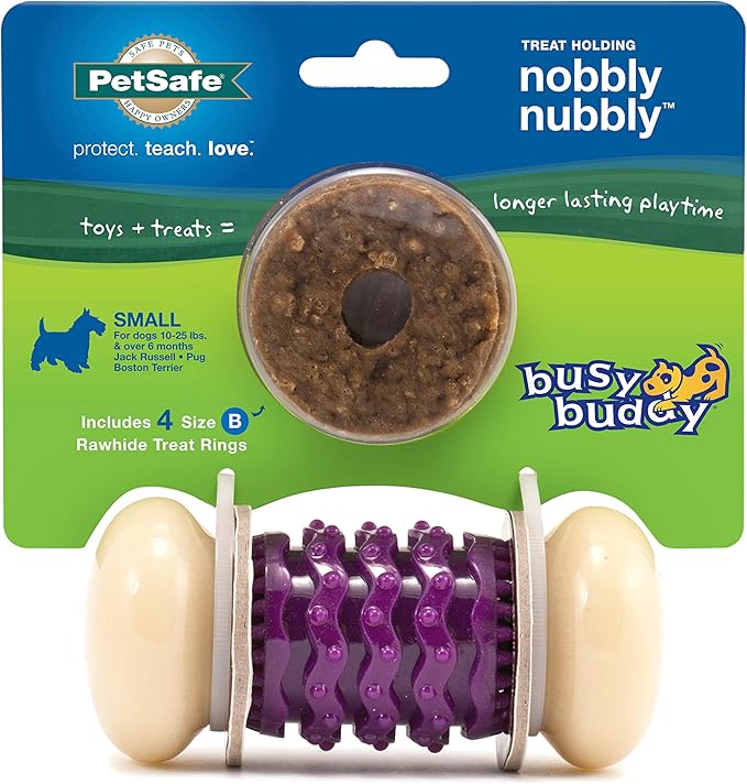 PetSafe Busy Buddy Nobbly Nubbly Treat Holding Dog Toy – Strong Chewers – Challenging - Treat Rings Included - Small, multi color
