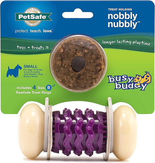 PetSafe Busy Buddy Nobbly Nubbly Treat Holding Dog Toy – Strong Chewers – Challenging - Treat Rings Included - Small, multi color