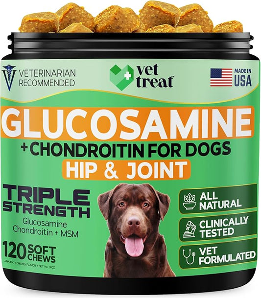 Hemp Hip and Joint Supplement for Dogs - Glucosamine for Dogs -Made in USA- 120 Treats Pain Relief Anti Inflammatory - Chondroitin, MSM, Hemp Oil - Dog Joint Supplement w/Arthritis Relief + Mobility