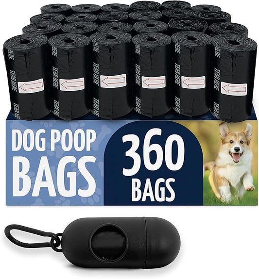 Reli. Dog Poop Bags w/Holder (360 Bags - 24 Rolls) | Leash Clip Dispenser | 9x13" Large Dog Bags for Poop | Doggie Poop Bag | Black Pet Waste Bag Refills w/Dispenser Bag Clip | Unscented, Leak Proof