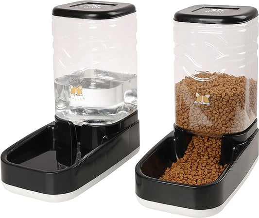 Automatic Dog Cat Gravity Food and Water Dispenser Set with Pet Food Bowl for Small Large Pets Puppy Kitten Rabbit Large Capacity(Black, 3.8L)