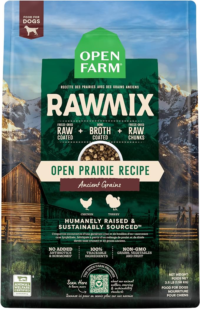 Open Farm RawMix Ancient Grains Prairie Recipe for Dogs, includes Kibble, Bone Broth, and Freeze Dried Raw, Inspired by The Wild, Humanely Raised Protein and Non-GMO Fruits and Veggies, 3.5 lb