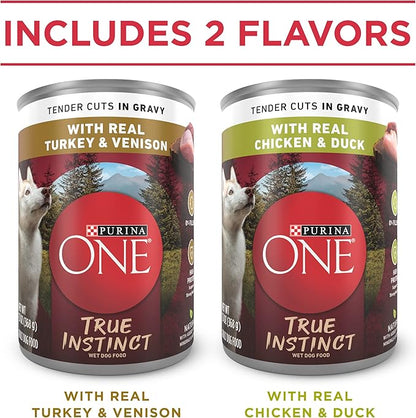 Purina ONE True Instinct Tender Cuts in Gravy With Real Turkey and Venison, and With Real Chicken and Duck High Protein Wet Dog Food Variety Pack - (Pack of 12) 13 oz. Cans