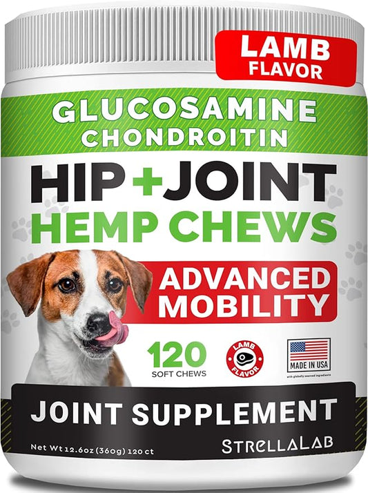 Advanced Hemp + Glucosamine Dog Joint Supplement - Hip Joint Pain Relief - Mobility Hemp Chews for Dogs - Chondroitin, MSM, Omega - Hemp Oil Treats - Made in USA - Lamb Flavor - 120 Hemp Treats
