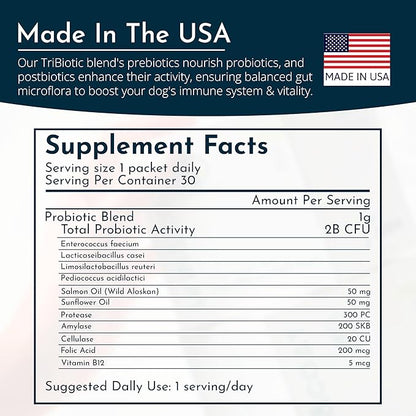 Skin & Coat Supplement for Dogs with Fish Oil & Salmon Oil, Omega 3 Dog Supplement Powder with PRE, PRO, & Post-biotics, 30 Dog Skin Allergy Relief Packs