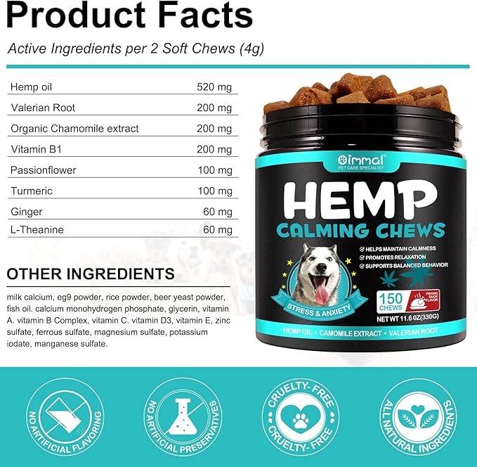 Hemp Calming Chews for Dogs 150 Count (11.6 oz), Dog Calming Treats, Helps with Dog Anxiety, Separation, Barking, Stress Relief, Melatonin for Dogs, Sleep Calming Aid, for All Breeds & Sizes