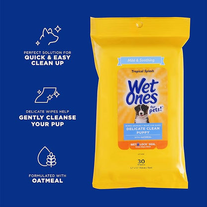 Wet Ones for Pets Delicate Clean Puppy Cleaning Wipes With Oatmeal | Mild & Soothing Puppy Grooming Wipes in Tropical Splash Scent, Wet Ones Wipes with Wet Lock Seal | 30 Ct Pouch Dog Wipes