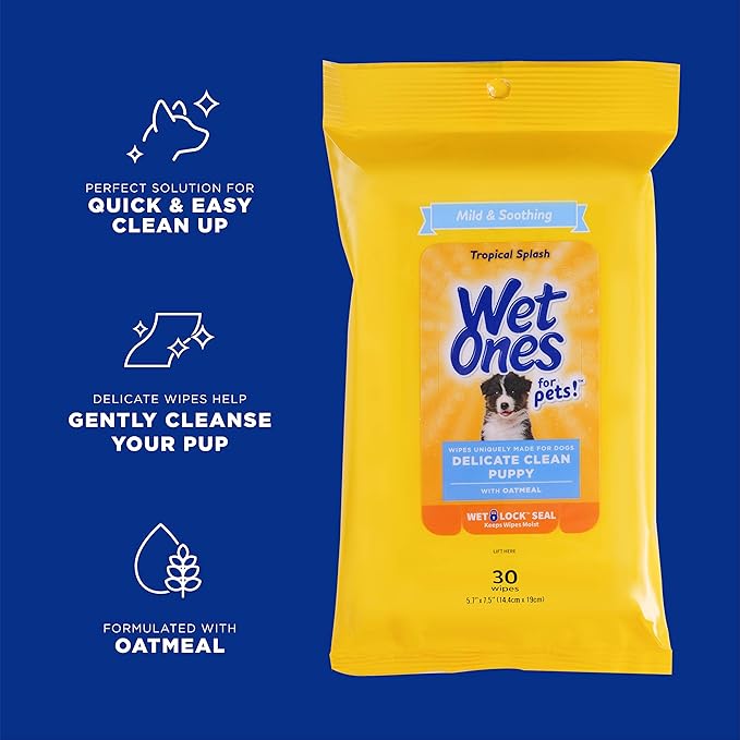 Wet Ones for Pets Delicate Clean Puppy Cleaning Wipes with Oatmeal | Mild & Soothing Puppy Grooming Wipes in Tropical Splash Scent, Wipes with Wet Lock Seal | 30 Ct Pouch Dog Wipes (FF12845)
