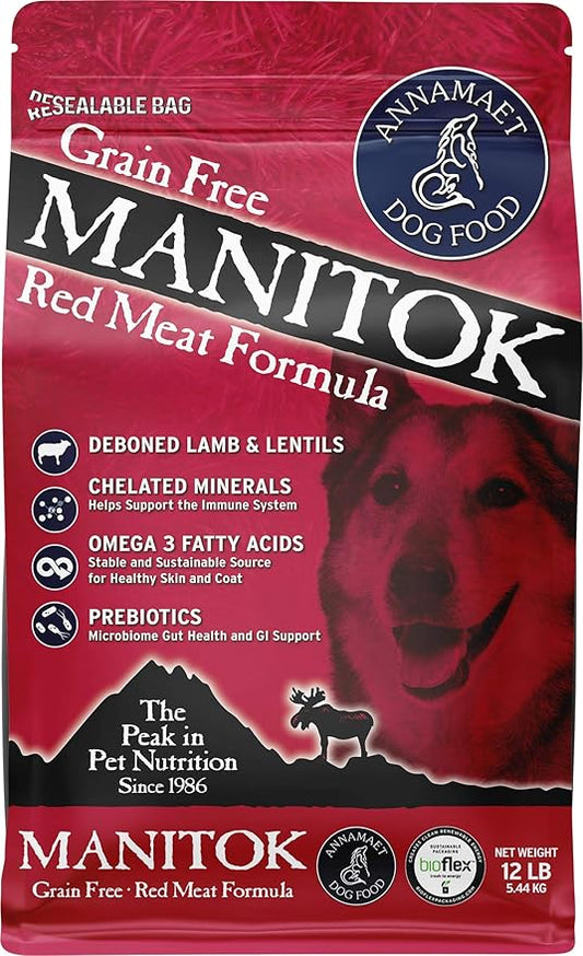 Annamaet Grain-Free Manitok Red Meat Formula Dry Dog Food, (Fresh Lamb), 12-lb Bag