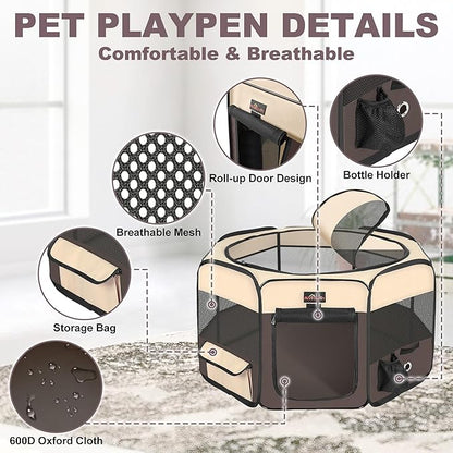 Dog Playpen, Cat Playpen - Foldable Pet Playpen with Carrying Case, Portable Pet Tent for Indoor/Outdoor Use | Water Resistant | Removable Shade Cover - (Brown, Medium)
