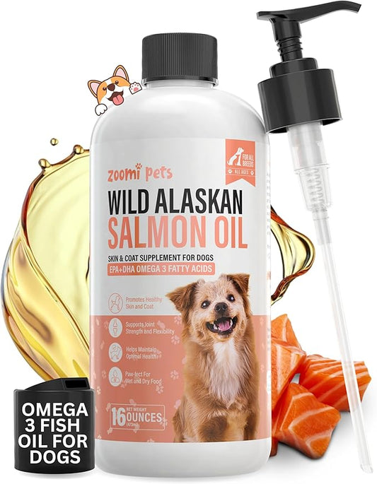 Wild Alaskan Salmon Oil for Dogs Skin and Coat (16oz) - Omega 3 Liquid Fish Oil Supplement for Dog Allergy Relief - Supports Hip and Joint, Itchy Skin Relief & Shedding - Dog Skin and Coat Supplement