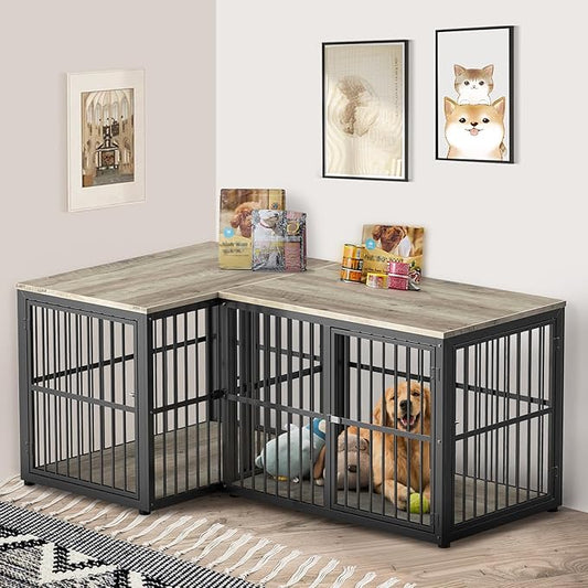 39'' L-Shaped Corner Dog Crate Furniture Large Breed with Double Rooms,Wooden Dog Crate End Table Indoor with Removable Divider for Small to Medium Dogs, Can Use Separately