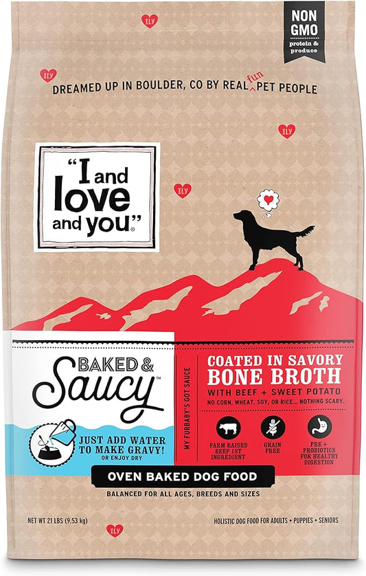 I AND LOVE AND YOU" Baked and Saucy Dry Dog Food with Gravy Coating, Beef and Sweet Potato Recipe, Grain Free, Coated in Bone Broth, Prebiotics and Probiotics, Real Meat, No Fillers, 21 lb Bag