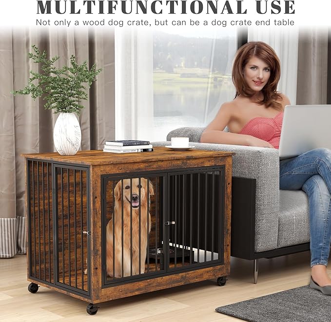 39 Inch Large Wooden Dog Crate Furniture with 180° Rotatable Bowl, Brown Multi-Functional Dog Crate End Table with Wheels, Furniture Dog Crate for Large Dogs with Flip-up Top Opening