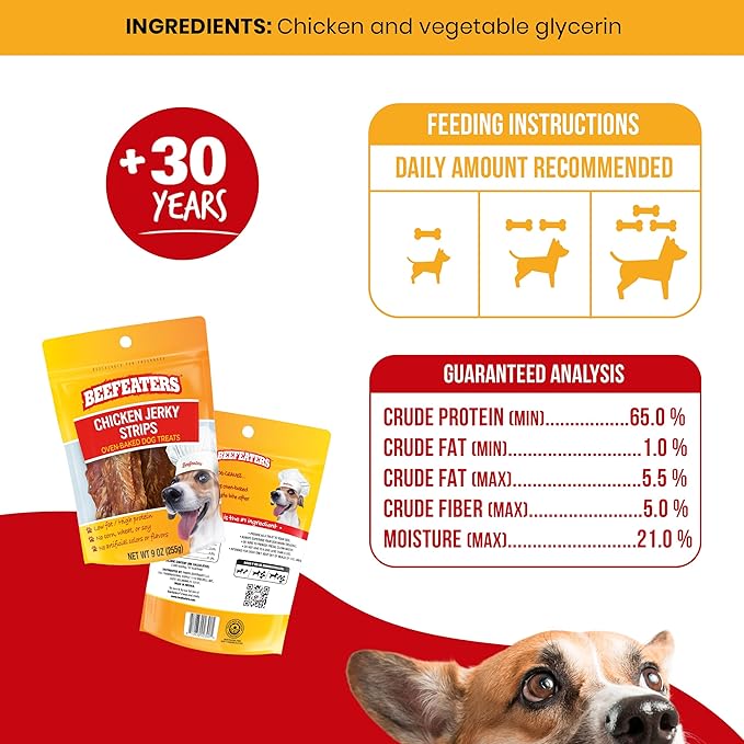 Beefeaters Dog Treats - Chicken Jerky Strips 9oz | Dog Food 100% Real Chicken Breast | Grain-Free, No Artificial Additives, Ideal for Training & Reward | Dog Training Treats for All Dog Sizes