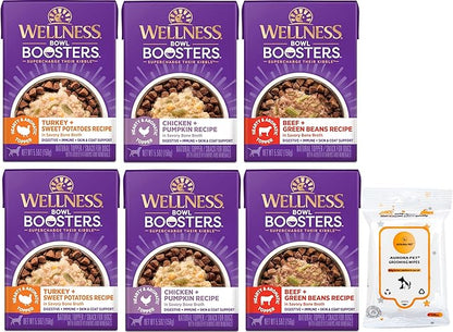 Variety Pack (6) Wellness Bowl Boosters Hearty Wet Dog Toppers (2) Beef (2) Chicken (2) Turkey (5.5-oz Each) with AuroraPet Wipes