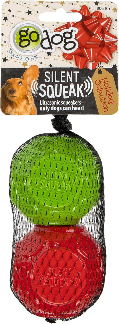 goDog (Set of 2 Holiday Collection Silent Squeak Ball Dog Toys, Ultrasonic Squeaker - Set of 2, Green & Red