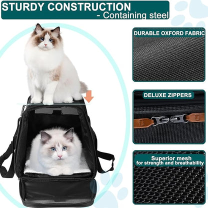 Pet Carrier for 2 Kittens/Large Cats Up to 20 lbs Maximum/Soft-Sided Small Dog Travel Top Entry/Sturdy Collapsible Carrier Bag for Medium Cats