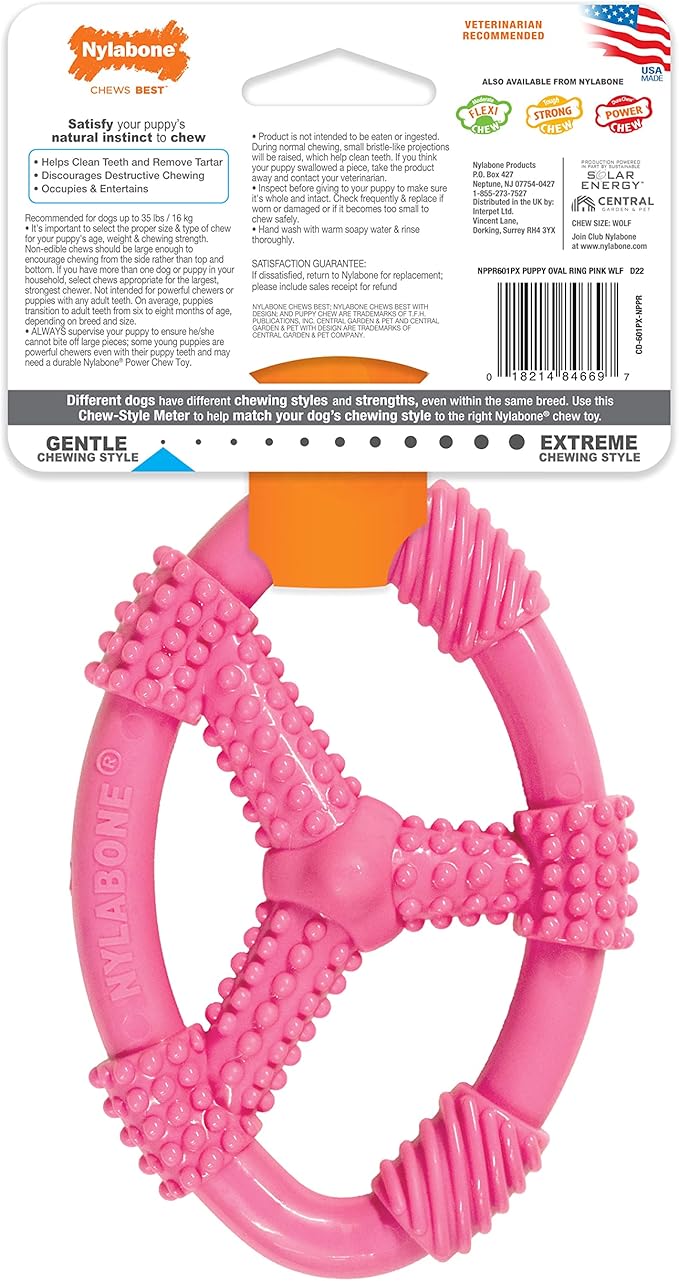 Nylabone Spin Tug & Play Pink Puppy Chew Toy for Teething - Puppy Supplies - Peanut Butter Flavor, Medium/Wolf (1 Count)