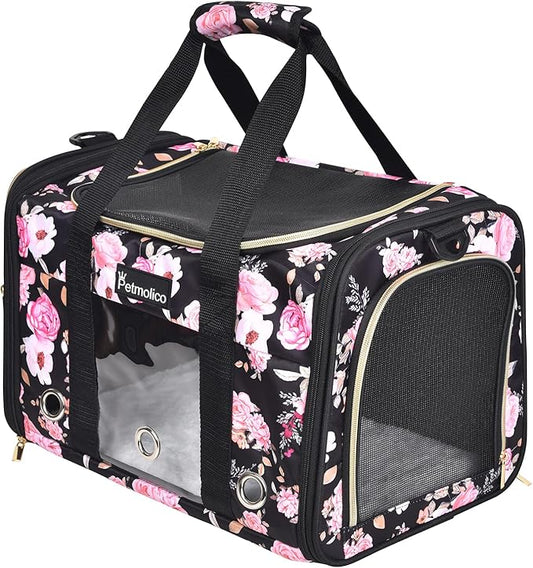 Petmolico Cat Carrier Dog Carrier, Soft Pet Travel Carrier with 3 Open Doors Mesh Windows for Cats Puppy 22 lbs, Pink Peony, Large