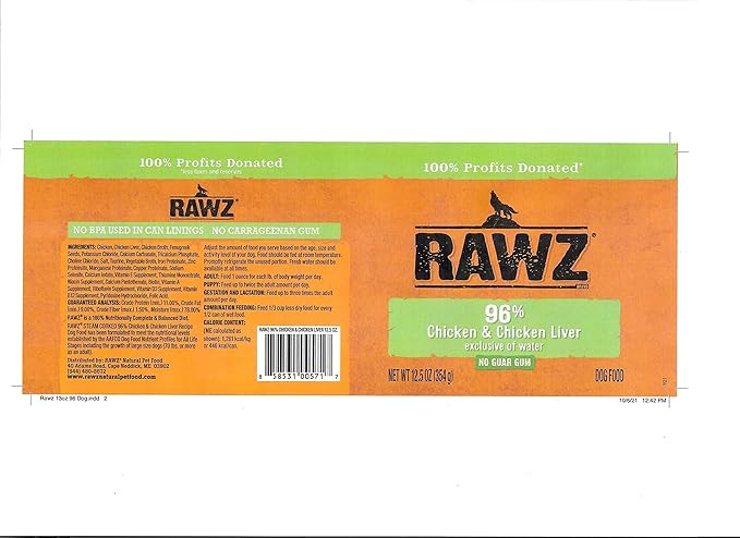 Rawz 96% Meat Canned Wet Food for Dogs 12 Pack/ 12.5 oz. Cans (Chicken/Chicken Liver)