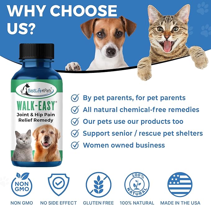 BestLife4Pets Walk-Easy Hip and Joint Supplement for Dogs & Cats - Arthritis Pain Relief and Anti-inflammatory Support Pills for Dogs & Cats Joint Pain Relief - Easy to Use Natural Pills