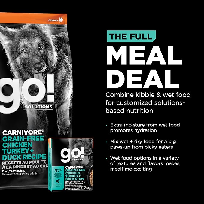 GO! SOLUTIONS Carnivore Protein Rich Wet Dog Food - Grain Free Chicken, Turkey and Duck Stew - Complete & Balanced Nutrition for All Life Stages, 12.5 oz