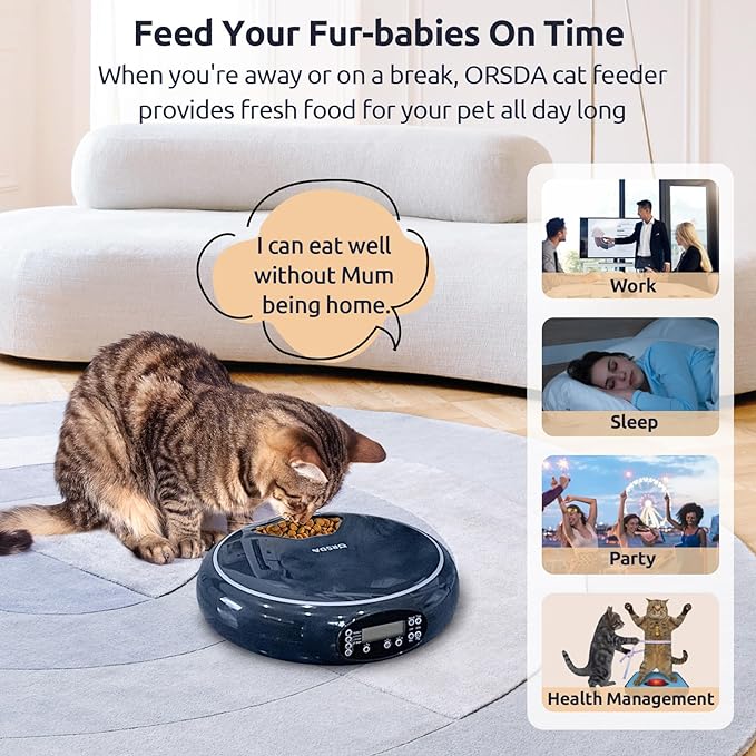ORSDA Automatic Cat Feeder Wet Food/Dry Food, 5 Meal Timed Pet Feeder with Timer Programmable & Voice Recorder, Dual Power Supply Auto Feeder for Cats/Small Dogs