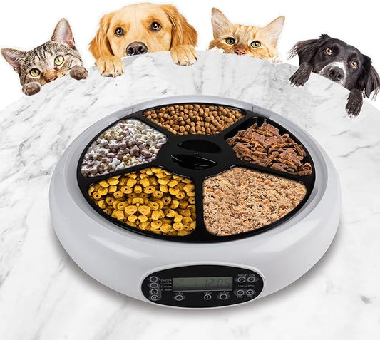 5 Meal Automatic Pet Feeder with Voice Message, White, Wet and Dry Food Dispenser for Cat or Dog, 5 oz Compartments for Portion Control, 25 oz Total Capacity