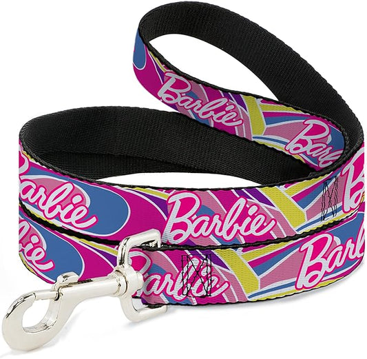 Mattel Durable & Stylish Dog Leash with Snap Closure, Barbie Script Signature Logo Abstract Multi Color White, 4 Feet Long 1.0 Inch Wide
