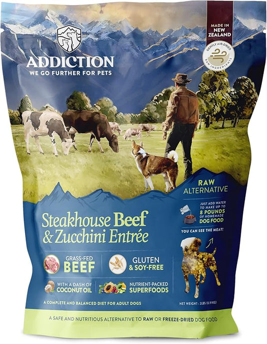 Addiction Steakhouse Beef & Zucchini Raw Alternative Dog Food - Gently Air-Dried Complete Meal or Dog Food Topper for Digestive and Skin and Coat Health, 2 lb