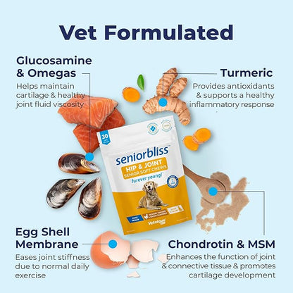 Vetnique Seniorbliss Senior Dog Joint Supplement with Glucosamine and Chondroitin for Dogs Joint Support and Healthy Cartilage Development - for Small & Large Breeds (Hip & Joint Chew, 30ct)