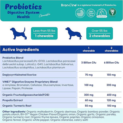 Probiotics Chewable Digestive System Health for Dogs - Patented 2-Strain Probiotics That Help Oral Health, DGL, Propolis, Digestive Enzymes, Vegan Chicken Flavor (90 Chewables)