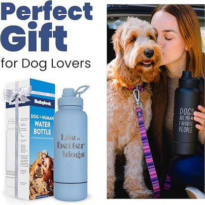 Dog Water Bottle for Dog Lovers - 32 oz Stainless Steel Double Wall Insulated Water Bottle with 8 oz Attached Dog Bowl - Best Dog Mom Gifts for Women - “Life is Better with Dogs” - Dusty Blue