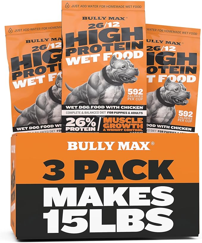 Bully Max 26/12 High-Potein Wet Dog Food - Instant Fresh Dehydrated Puppy & Adult Dog Food with Chicken - Healthy Muscle Growth for Small & Large Breeds - 6 Dry Pounds (Makes 16.5 lbs. of Wet Food)