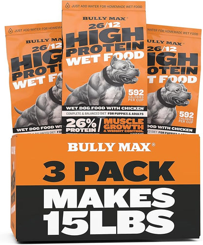 Bully Max 26/12 High-Potein Wet Dog Food - Instant Fresh Dehydrated Puppy & Adult Dog Food with Chicken - Healthy Muscle Growth for Small & Large Breeds - 6 Dry Pounds (Makes 16.5 lbs. of Wet Food)