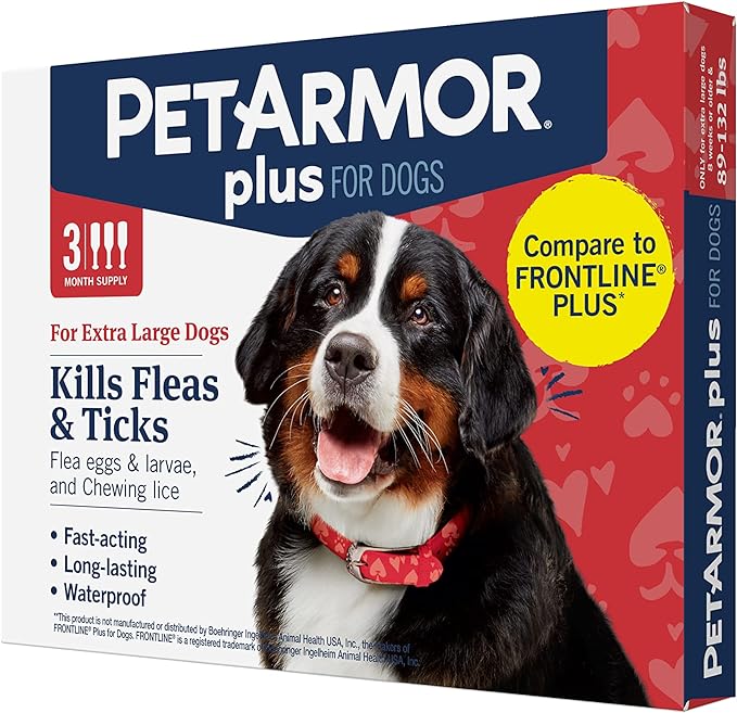 PetArmor Plus Flea and Tick Prevention for Dogs, Dog Flea and Tick Treatment, 3 Doses, Waterproof Topical, Fast Acting, X-Large Dogs (89-132 lbs)