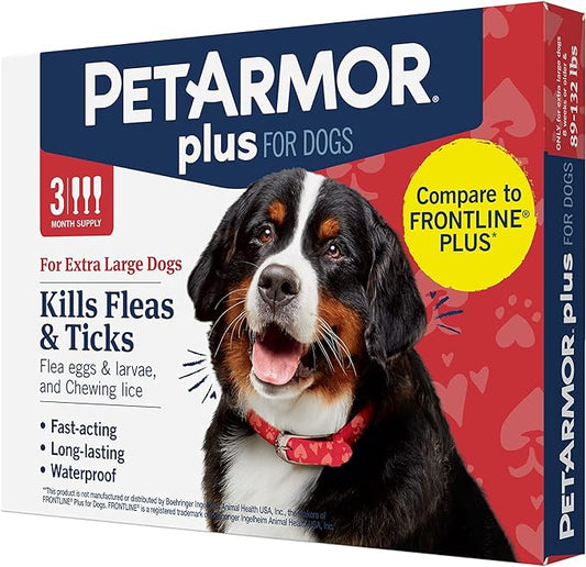 PetArmor Plus Flea and Tick Prevention for Dogs, Dog Flea and Tick Treatment, 3 Doses, Waterproof Topical, Fast Acting, X-Large Dogs (89-132 lbs)