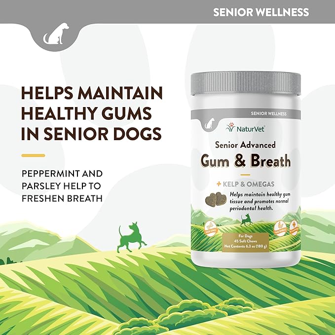 NaturVet Senior Advanced Gum & Breath Dog Supplement – Includes Peppermint, Parsley Leaf to Help Promote Periodontal Health, Fresh Breath for Dogs – 45 Ct. Soft Chews