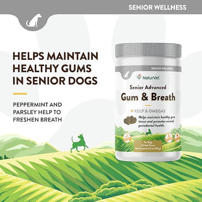 NaturVet Senior Advanced Gum & Breath Dog Supplement – Includes Peppermint, Parsley Leaf to Help Promote Periodontal Health, Fresh Breath for Dogs – 45 Ct. Soft Chews