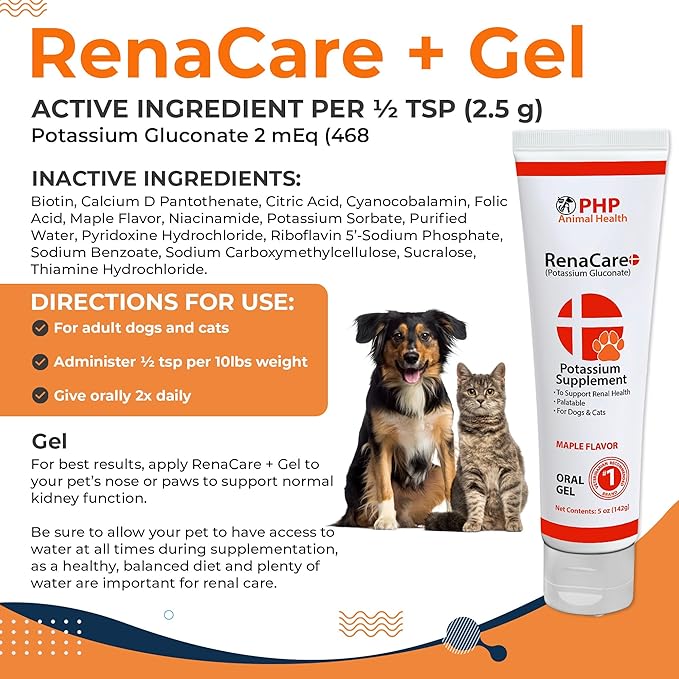 RenaCare K is for Renal K (Potassium Gluconate) Potassium Supplement Gel for Dogs and Cats, (5 oz) with Maple Flavor (Made in U.S.A)