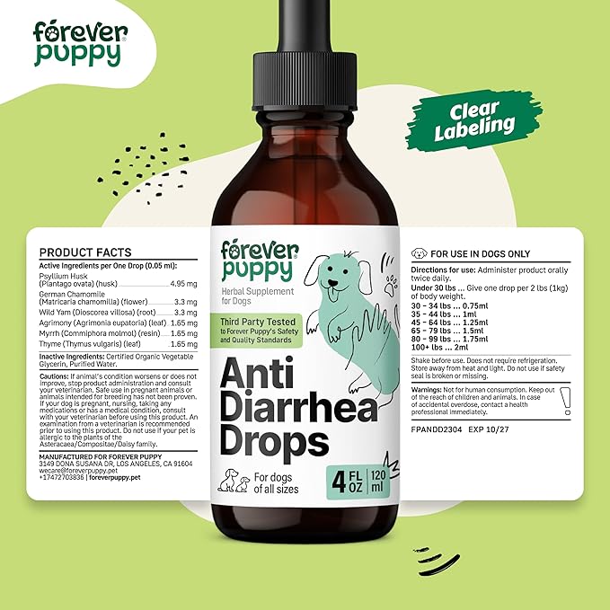 Anti Diarrhea Liquid Drops for Dogs - Psyllium Husk Fiber Supplement for Dogs - Pet Prebiotic Drops for Loose Stool & Digestive Health - Dog Vitamins & Supplement for Diarrhea Relief & Gut Detox 4 oz