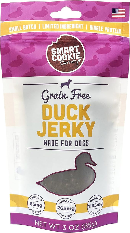 Duck Jerky Dog Treats with Flax Seed, Omega Oils- Hypoallergenic Strips for Dogs and Puppies with Allergies, Sensitive Stomachs - Dehydrated, Grain Free, Made in USA - 3oz Bag, Pack of 1