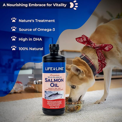 Life Line Pet Nutrition Wild Alaskan Fish Oil Omega-3 Supplement for Skin & Coat – Supports Brain, Eye & Heart Health in Dogs & Cats, 128oz