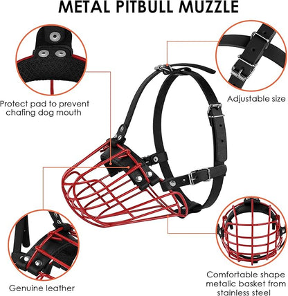 Pitbull Dog Muzzle Metal Mask Amstaff Secure Wire Basket Adjustable Durable Leather Straps for Large Dogs (Red)