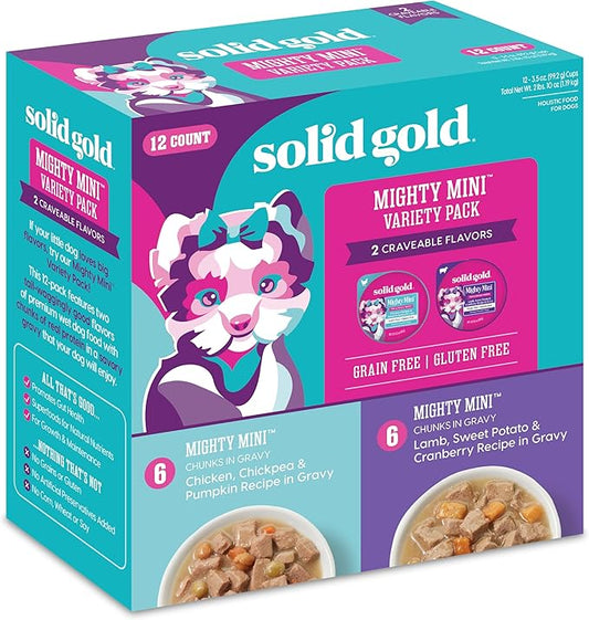 Solid Gold Wet Dog Food Variety Pack for Small Dogs - Mighty Mini Grain Free Wet Dog Food Made with Real Protein - for Puppies, Adult & Senior Small Breeds with Sensitive Stomachs - 12 Pack