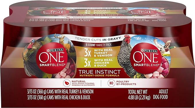 Purina ONE True Instinct Tender Cuts in Gravy with Real Turkey and Venison, and with Real Chicken and Duck High Protein Wet Dog Food Variety Pack - 13 Ounce (Pack of 6)