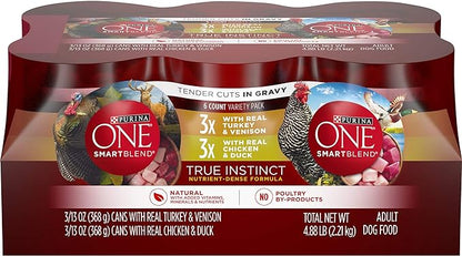 Purina ONE True Instinct Tender Cuts in Gravy with Real Turkey and Venison, and with Real Chicken and Duck High Protein Wet Dog Food Variety Pack - 13 Ounce (Pack of 6)
