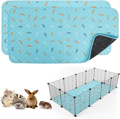 2 Pack Washable Guinea Pig Pee Pads, Waterproof Reusable Guinea Pig Cage Liners, Absorbent Bedding Training Mat for Small Animal Guinea Pigs Rabbit Bunny Hamster (Leaves - Sky Blue, 24x48)